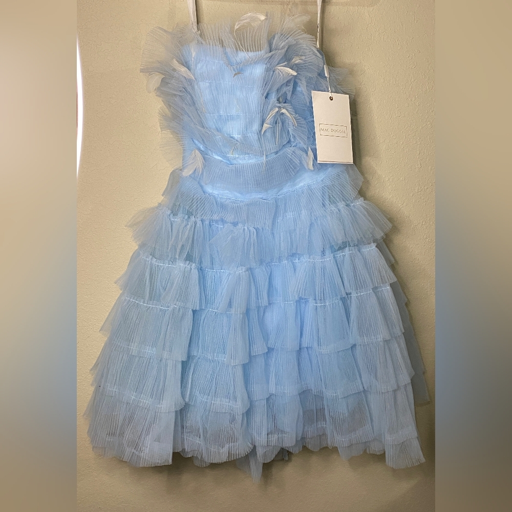 Mac Duggal Light Blue Tiered Ruffle Mini Dress
